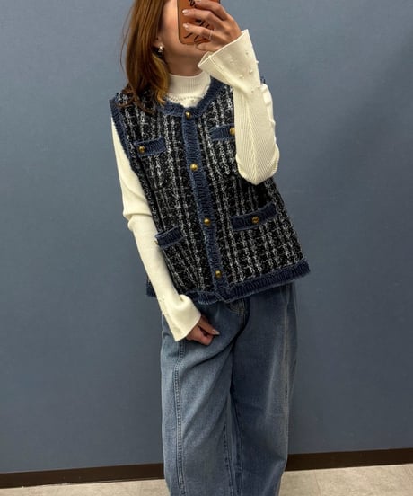 Pauline Bleu ポリーヌブロー　デニムフリンジ切替 ツイード風ニットベスト
