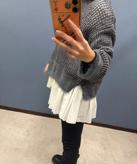 Dignite collier ディニテコリエ　ケーブル編みニット×フレアーシャツ切替アンサンブル