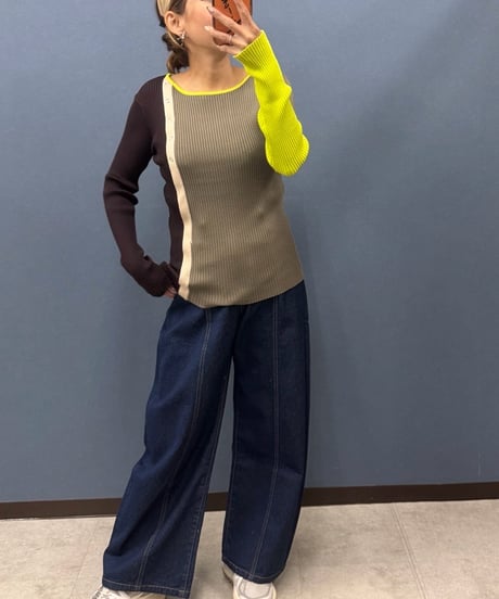 Pauline Bleu ポリーヌブロー マルチカラー配色 アシンメトリーリブニット