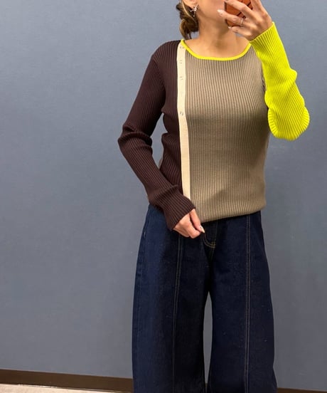 Pauline Bleu ポリーヌブロー マルチカラー配色 アシンメトリーリブニット