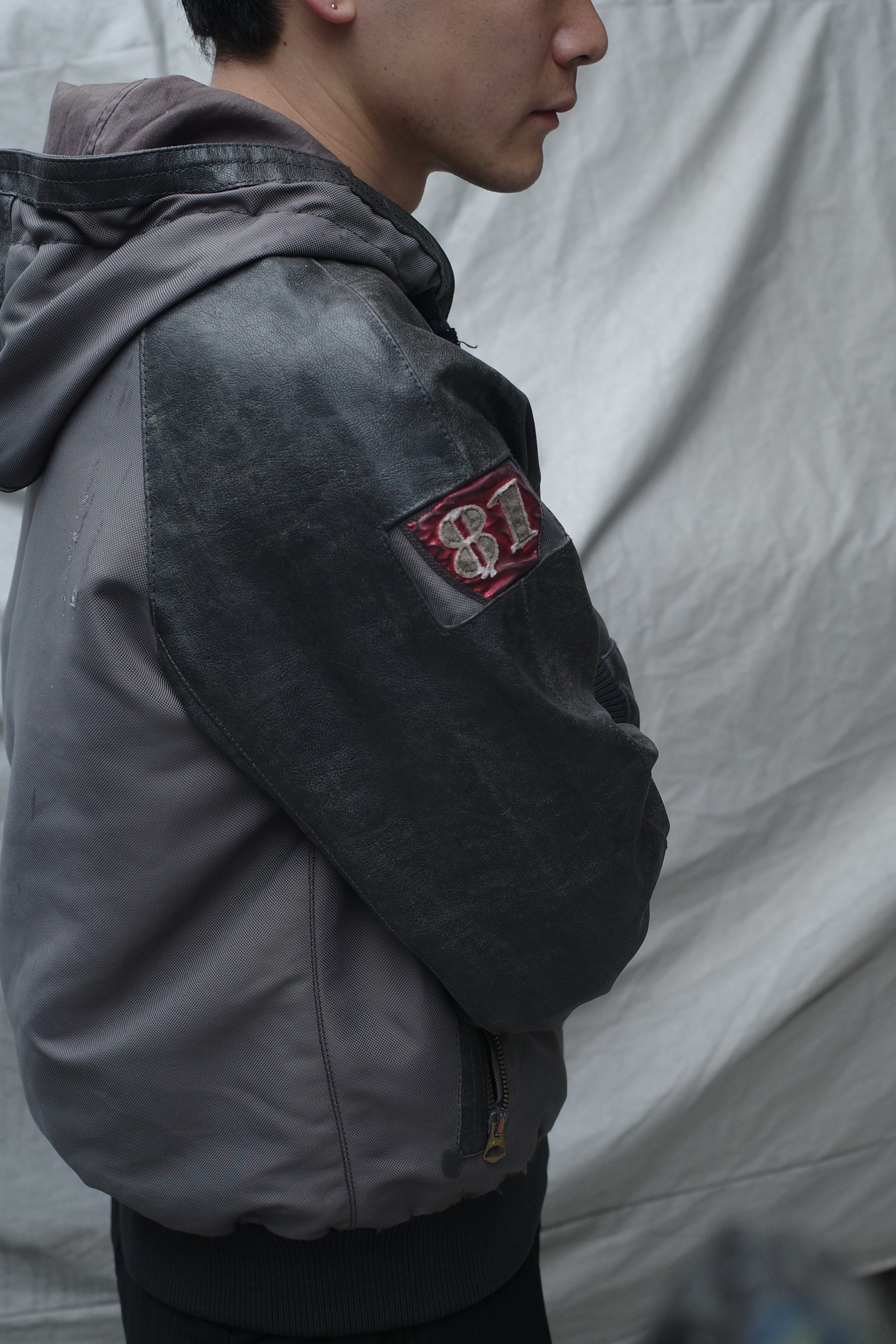 90's ARMANI JEANS Leather Sleeve Hooded Jacket