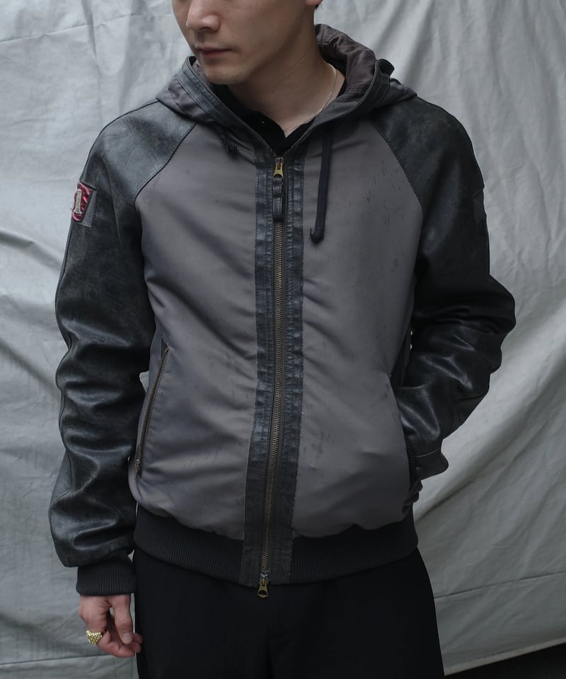 90's ARMANI JEANS Leather Sleeve Hooded Jacket
