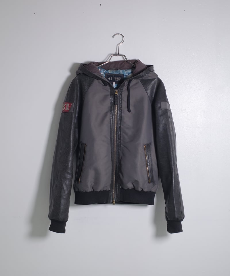 90's ARMANI JEANS Leather Sleeve Hooded Jacket