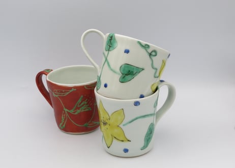 古川章蔵　色絵磁器花紋赤に緑F