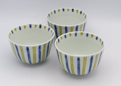 古川章蔵　色絵磁器青黄色縞々小鉢