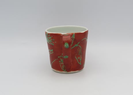 古川章蔵　色絵磁器花紋赤に緑F