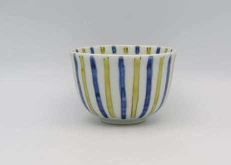 古川章蔵　色絵磁器青黄色縞々小鉢