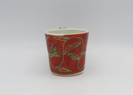 古川章蔵　色絵磁器花紋赤に緑F