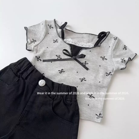 リボン柄トップス×ショートパンツ セットアップ