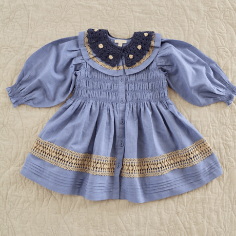 Bonjour  Long dress with crochet collar Blue chambray