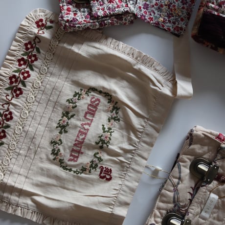 Bonjour  Apron with multi color embIvory denim