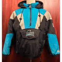 レア MADE IN KOREA製 90s PROLINE BY STARTER × NFL CAROLINA PANTHERS 中綿 ハーフジッププルオーバーナイロンパーカー マルチカラー Lサイズ