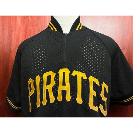 激レア MADE IN USA製 90s Majestic × MLB PITTSBURGH PIRATES ハーフジップメッシュベースボールシャツ ブラック Mサイズ