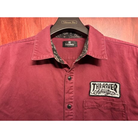 レア Subciety × THRASHER コラボレーションモデル バックプリント 半袖シャツ ワイン Lサイズ