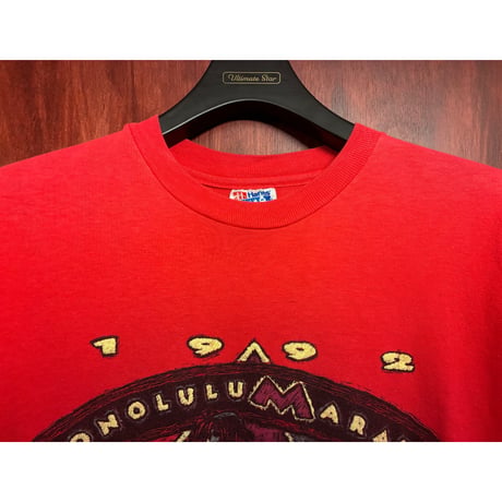希少 MADE IN USA製 90s Hanes 1992 HONOLULU MARATHON FINISHER 20th ANIVERSARY シングルステッチ プリントTシャツ レッド Mサイズ