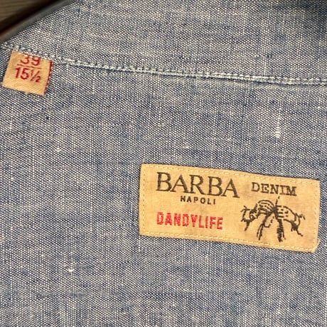 MADE IN ITALY製 BARBA DANDYLIFE リネンコットン 半袖開襟シャツ デニム 39-15 1/2サイズ