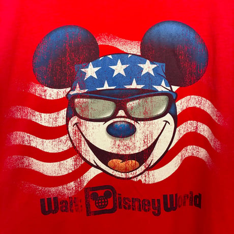 Disneyland RESORT WALT DiSney WORLD by Hanes 星条旗柄 ミッキーマウス プリントTシャツ レッド Mサイズ