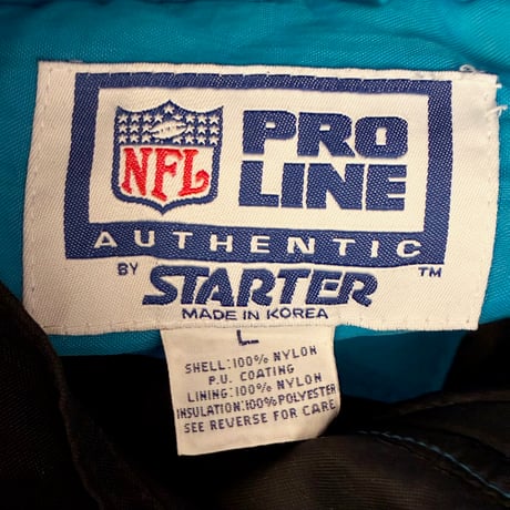 レア MADE IN KOREA製 90s PROLINE BY STARTER × NFL CAROLINA PANTHERS 中綿 ハーフジッププルオーバーナイロンパーカー マルチカラー Lサイズ
