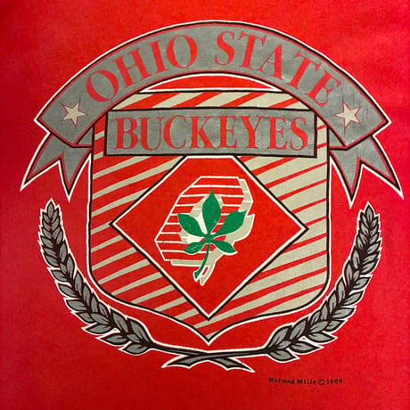 レア MADE IN USA製 80s NUTMEG MILLS OHIO STATE BUCKEYES 1989年 カレッジプリント ツートンカラー スウェットトレーナー レッド×グレー Lサイズ