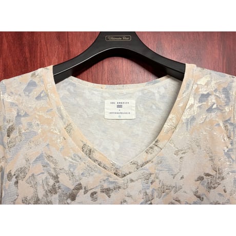 MADE IN USA製 SOL ANGELES × ANTHROPOLOGIE 金箔 総柄 半袖VネックTシャツ アイボリー×ゴールド XSサイズ