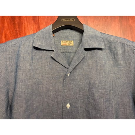 MADE IN ITALY製 BARBA DANDYLIFE リネンコットン 半袖開襟シャツ デニム 39-15 1/2サイズ