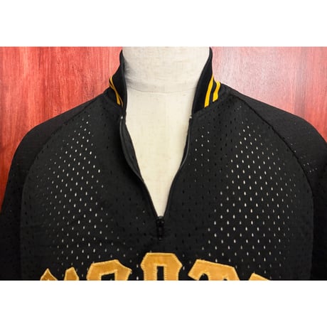 激レア MADE IN USA製 90s Majestic × MLB PITTSBURGH PIRATES ハーフジップメッシュベースボールシャツ ブラック Mサイズ