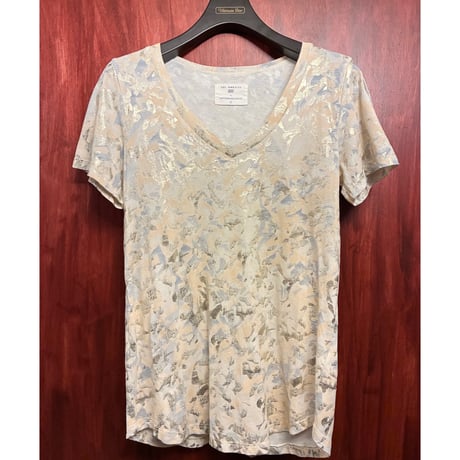 MADE IN USA製 SOL ANGELES × ANTHROPOLOGIE 金箔 総柄 半袖VネックTシャツ アイボリー×ゴールド XSサイズ