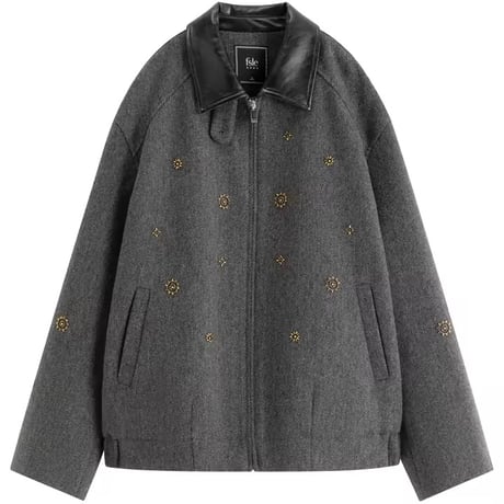 レザーカラー ビジューウールコート 2色展開