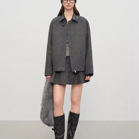 レザーカラー ビジューウールコート 2色展開
