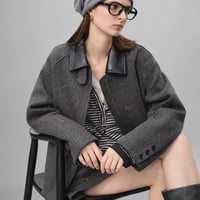 レザーカラー ビジューウールコート 2色展開