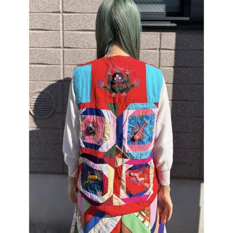 70-80s China red patchwork vest【01251】