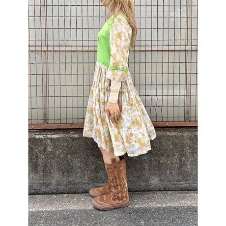 60-70s Floral cotton midi dress【01572】