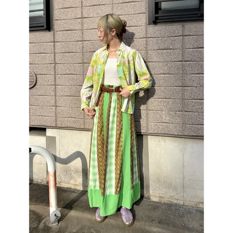 70s Green patchwork maxi skirt【01499】