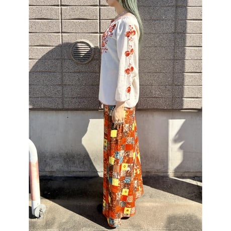 60s Orange patchwork printed maxi skirt【01584】