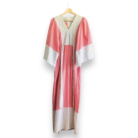 70s Gingham & Floral hippie maxi dress【01382】