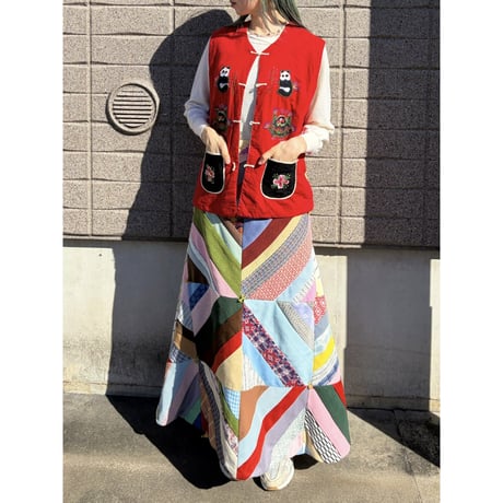 70-80s China red patchwork vest【01251】