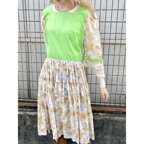 60-70s Floral cotton midi dress【01572】