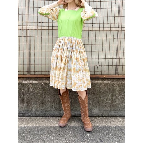 60-70s Floral cotton midi dress【01572】