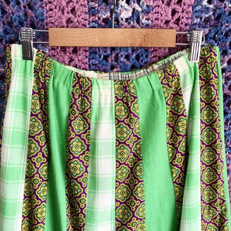 70s Green patchwork maxi skirt【01499】