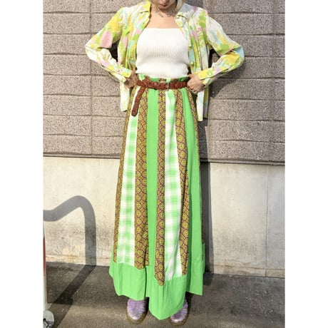 70s Green patchwork maxi skirt【01499】