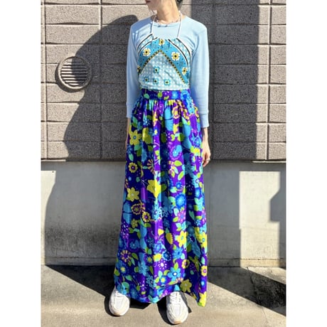 70s Blue floral maxi skirt【01612】