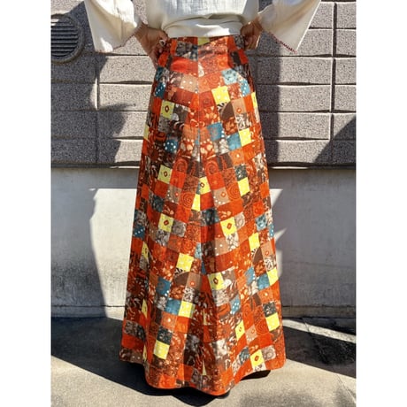 60s Orange patchwork printed maxi skirt【01584】