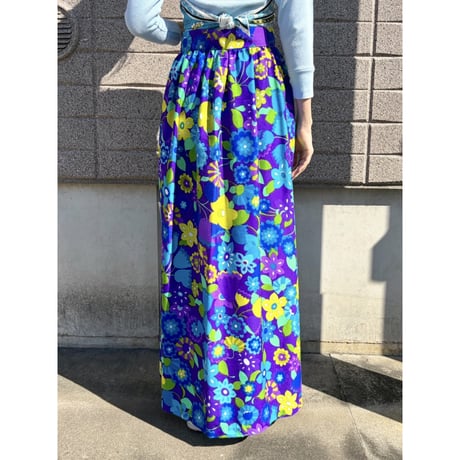 70s Blue floral maxi skirt【01612】