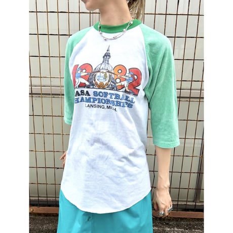 80s Green raglan sleeve tee【01503】