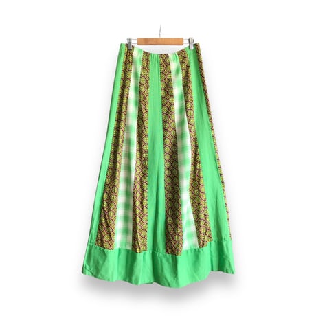 70s Green patchwork maxi skirt【01499】