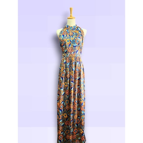 70s Floral halter maxi dress【01495】