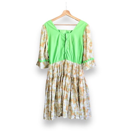 60-70s Floral cotton midi dress【01572】