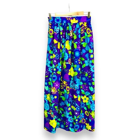 70s Blue floral maxi skirt【01612】