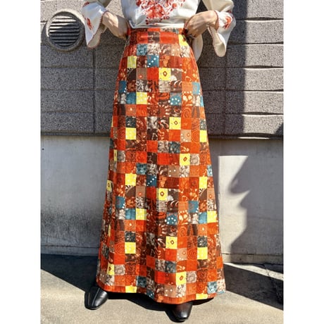 60s Orange patchwork printed maxi skirt【01584】