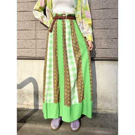 70s Green patchwork maxi skirt【01499】